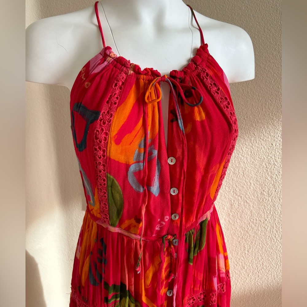 FARM Rio Mixed Fruit Oceans Midi Dress Small Red Ruffles Button Front - Picture 5 of 12